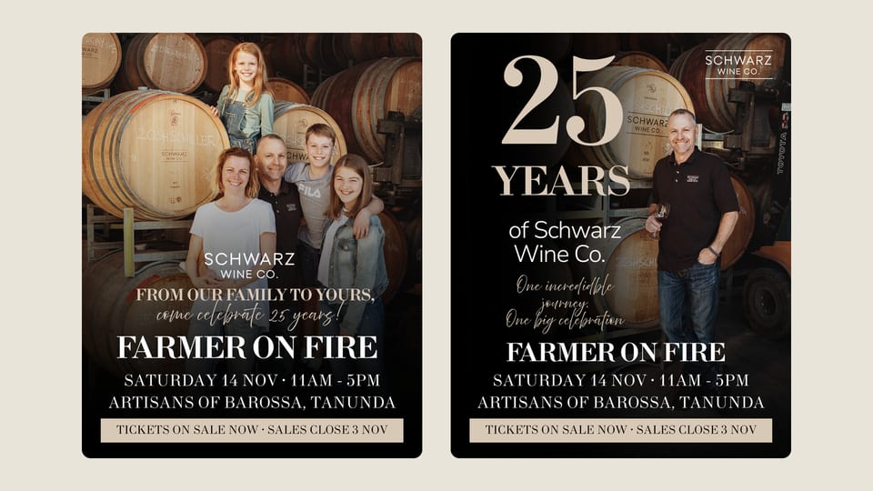 Two Schwarz Wine Co Farmer on Fire image ads side by side: the Schwarz family among the barrels, and Jason Schwarz beside “25 years of Schwarz Wine Co.”