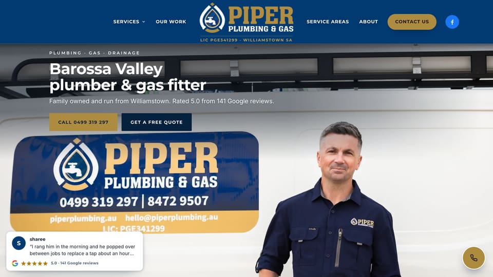 Piper Plumbing & Gas homepage on its new domain, with the owner standing beside the company van