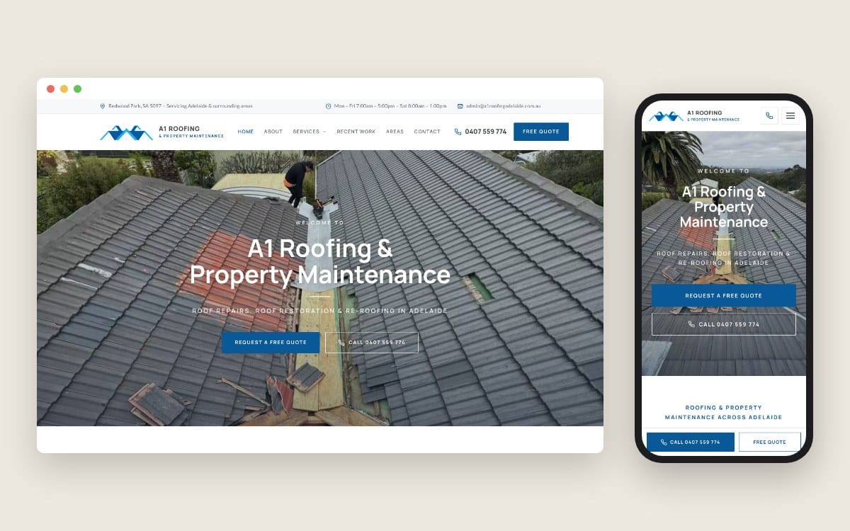 The A1 Roofing & Property Maintenance homepage on a desktop screen and a phone, captured 26 October 2026