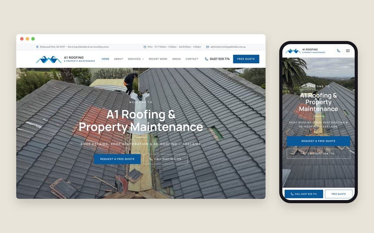The A1 Roofing & Property Maintenance homepage on a desktop screen and a phone, captured 23 October 2026