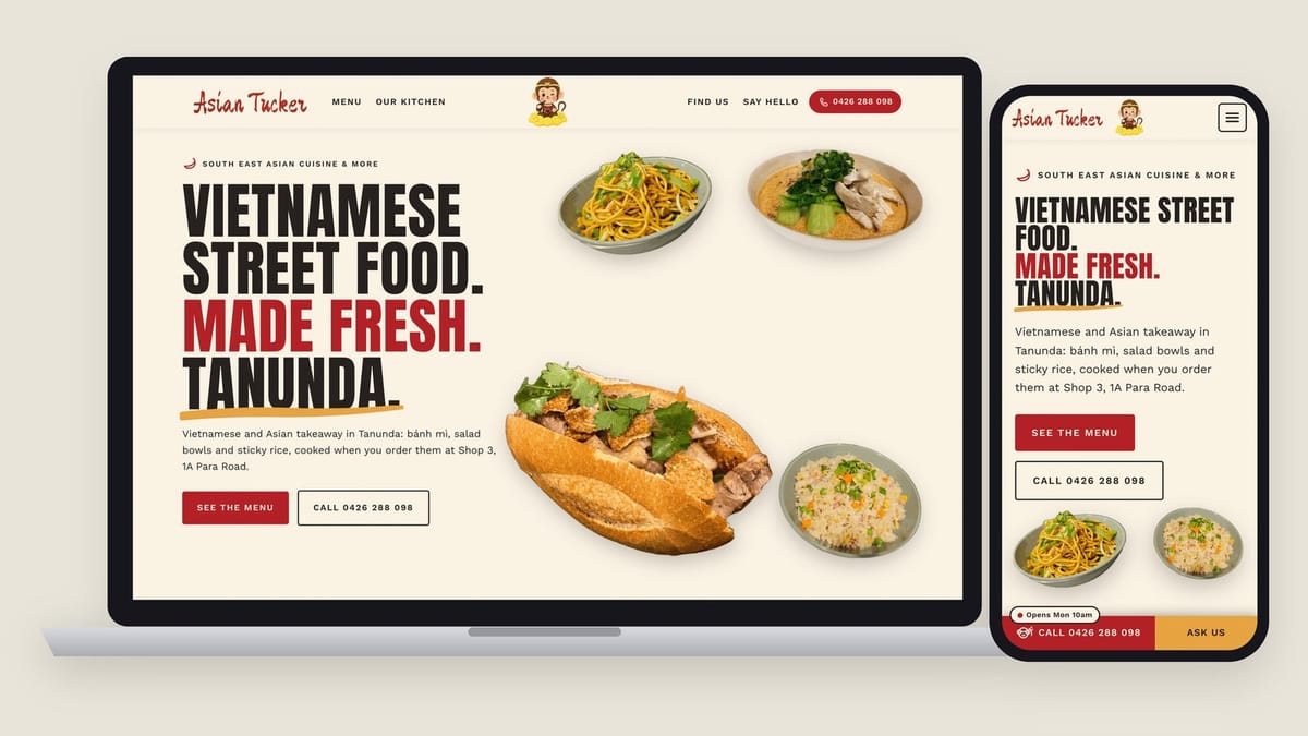 The Asian Tucker homepage on a laptop and a phone: Vietnamese street food, made fresh, Tanunda