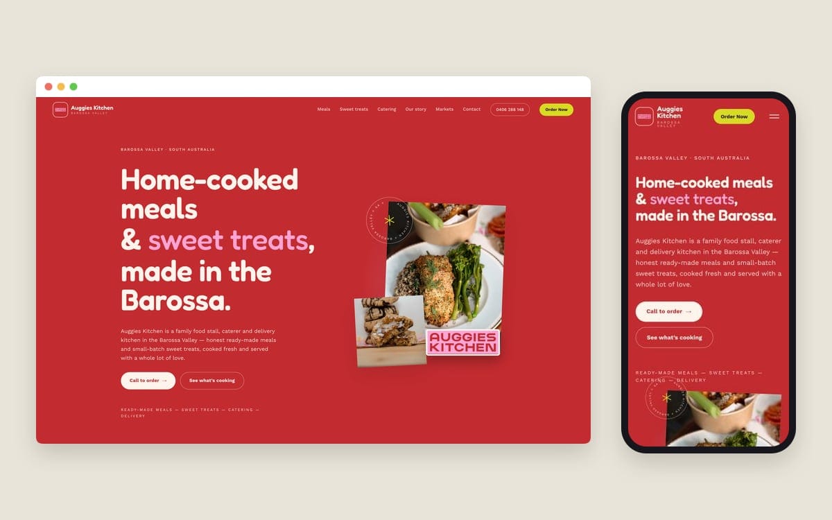 The Auggie’s Kitchen homepage on a desktop screen and a phone: home-cooked meals and sweet treats made in the Barossa