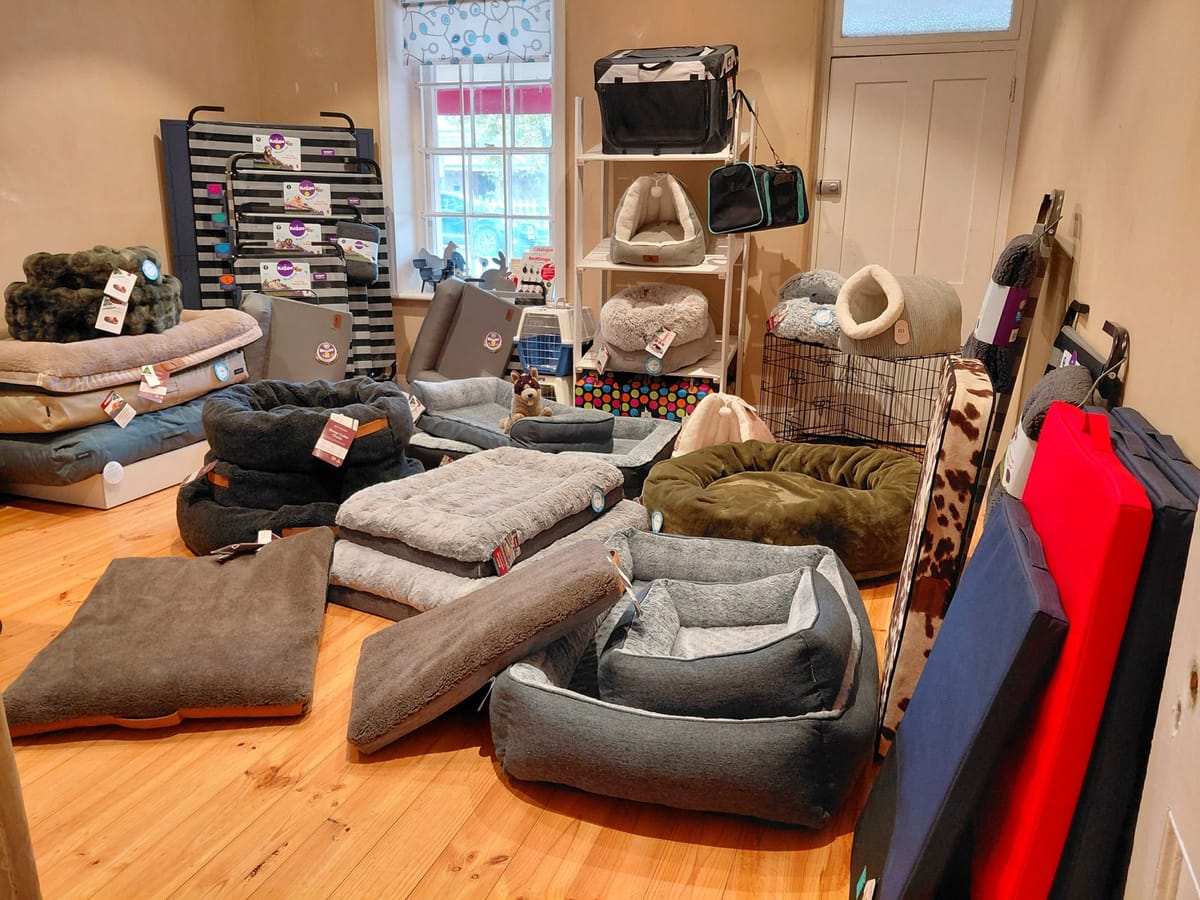 Dog beds, mats, carriers and cat caves on display inside For Pets Sake in Angaston