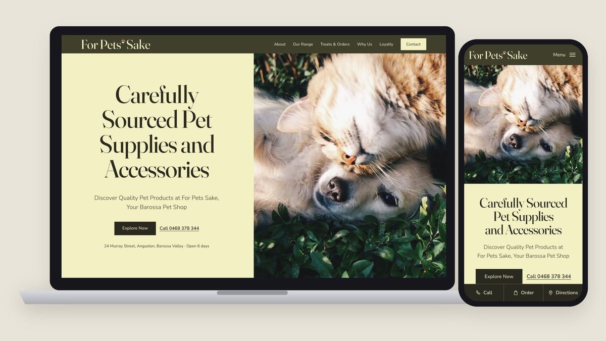 The For Pets Sake homepage on a laptop and a phone: carefully sourced pet supplies and accessories