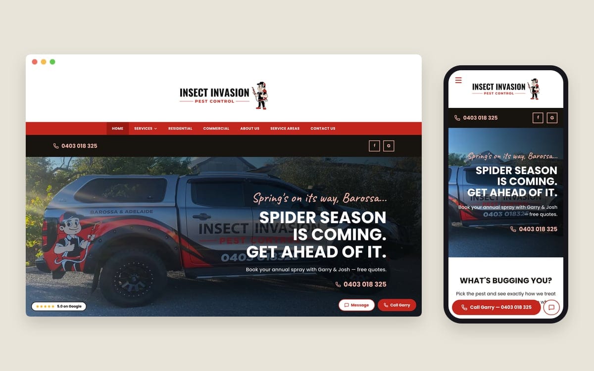 The Insect Invasion Pest Control website on desktop and phone, captured 5 October 2026