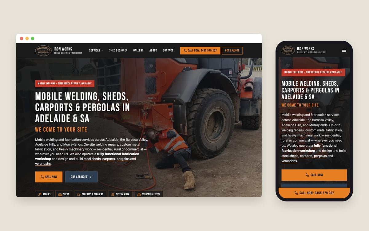 The Iron Works Mobile Welding & Fabrication homepage on a desktop screen and a phone, captured 23 October 2026