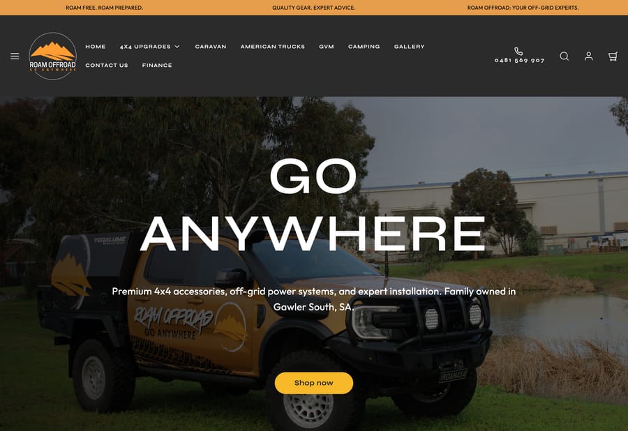 Roam Offroad website, as it is live today