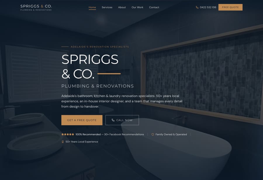 The Spriggs & Co Plumbing & Renovations website, as it is live today