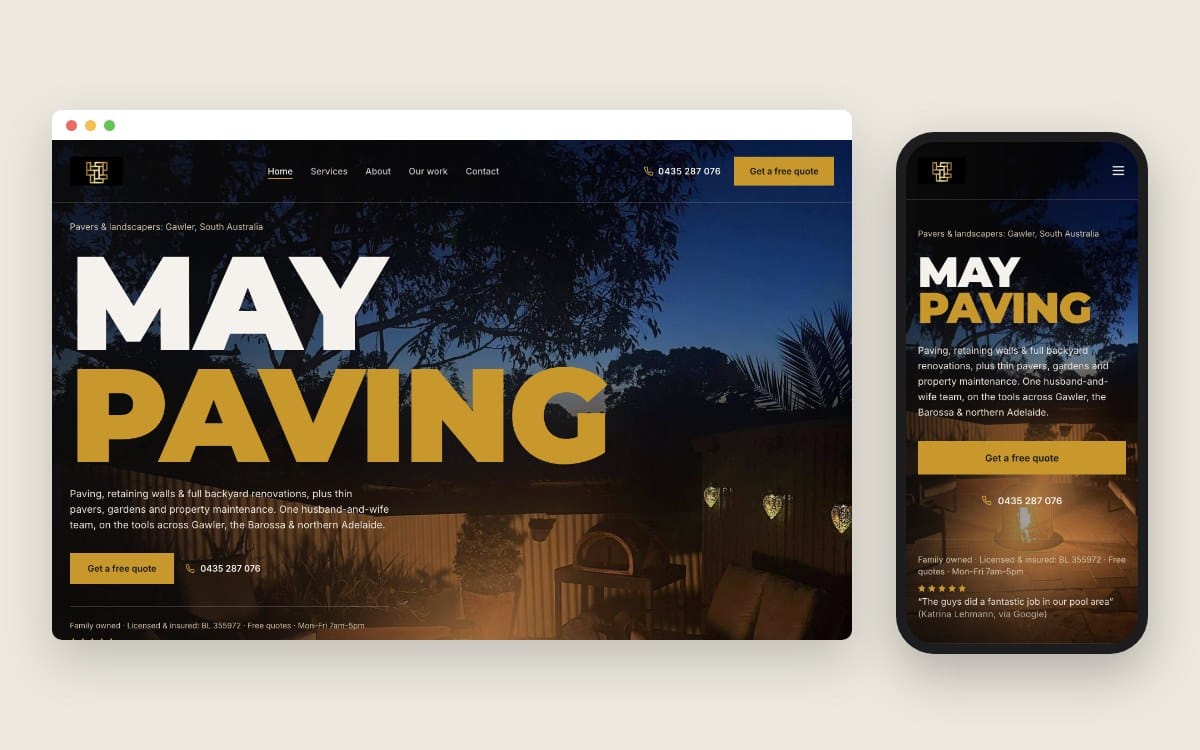 The May Paving homepage on a desktop screen and a phone, captured 26 October 2026