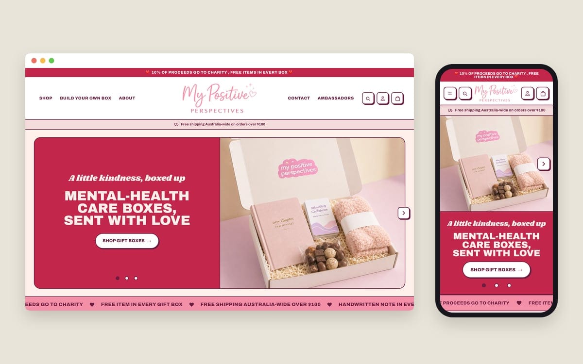 The My Positive Perspectives Shopify homepage on a desktop screen and a phone: mental-health care boxes, sent with love