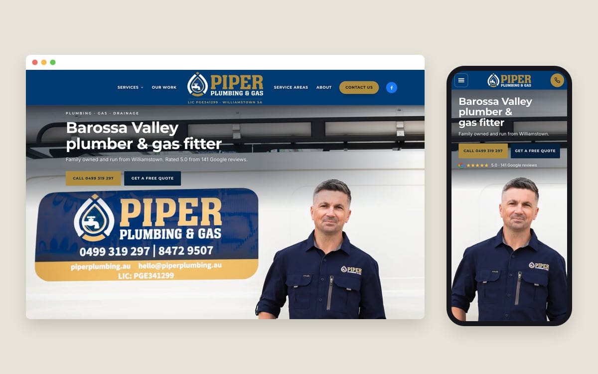 The Piper Plumbing & Gas homepage on a desktop screen and a phone, with Craig beside the Piper van, captured 23 October 2026